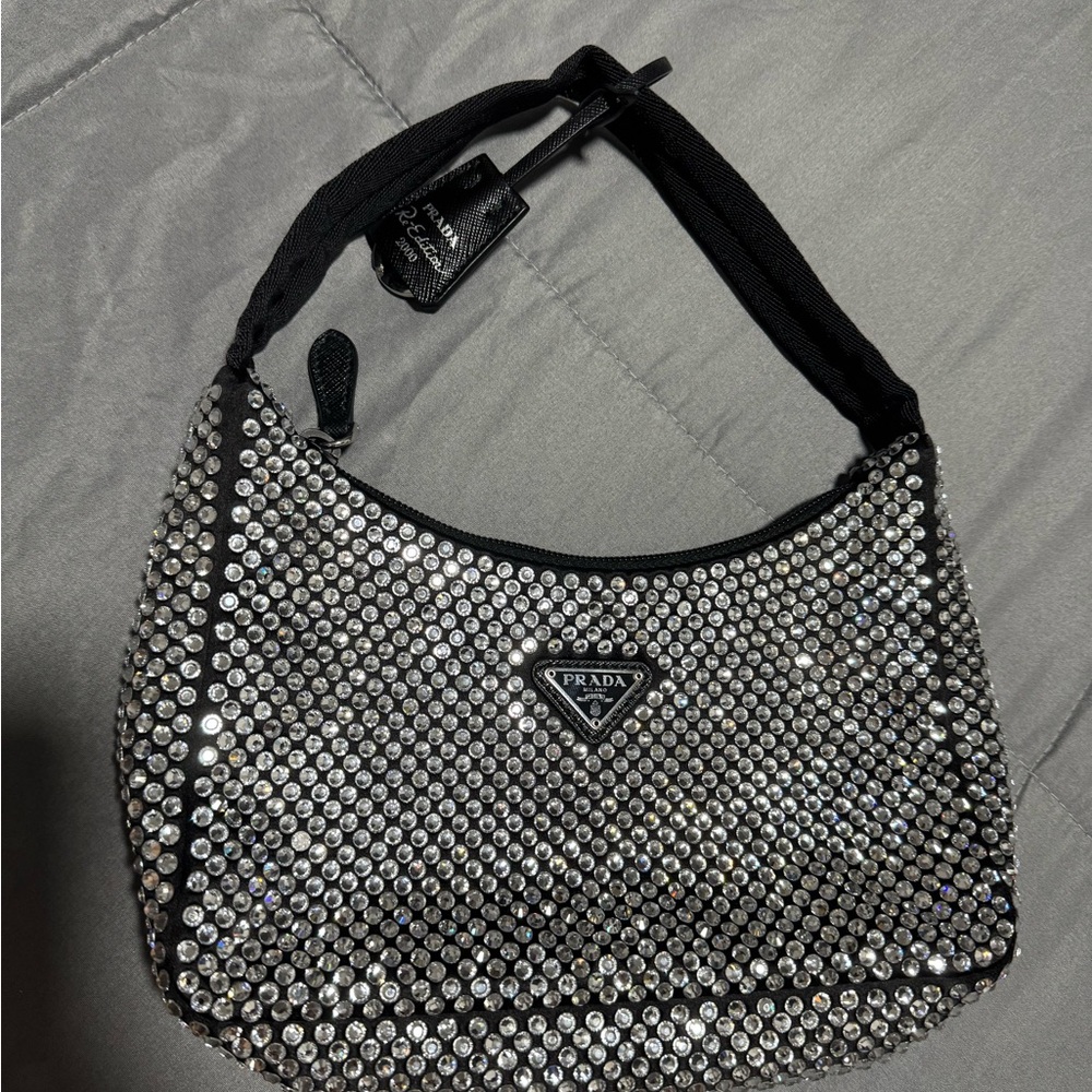 Prada Black and Silver Shoulder Bag with Rhinestone Detail